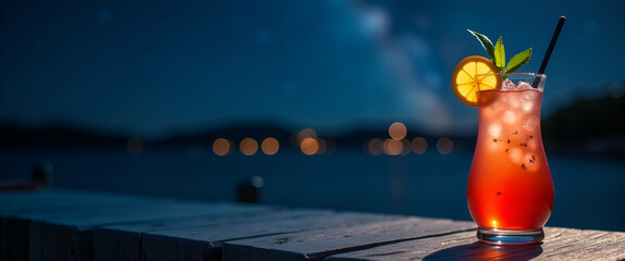 A Summer Sips and Stars event stargazing paired with constellation themed cocktails concept as Summer event combining stargazing activities with constellation themed cocktails under the night sky. in 