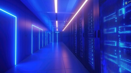 Fototapeta premium Futuristic data center hallway with glowing blue lights and illuminated server racks, ideal for technology, cloud computing, cybersecurity, and data infrastructure themes