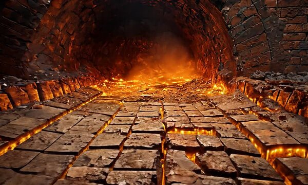 Fiery underground tunnel with glowing lava and textured brick pathway, creating a dramatic scene