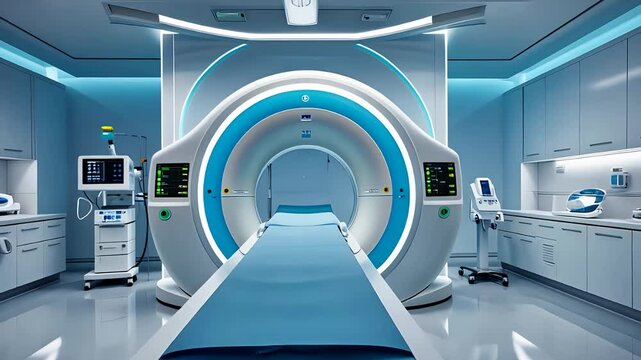 Modern medical imaging room with advanced MRI scanner, blue examination bed, diagnostic monitors, and sterile high-tech equipment setup

