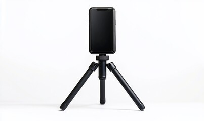 Minimalist smartphone on tripod against blank backdrop
