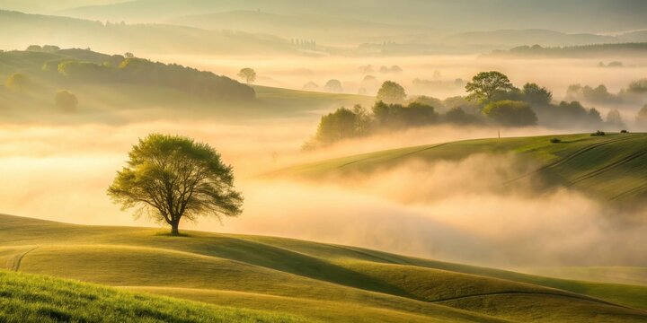 Golden Hour Serenity A Solitary Tree Stands Sentinel on Rolling Hills Enveloped in Morning Mist