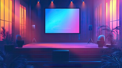 Neon-lit stage area with a large screen display.