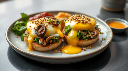 An appetizing brunch plate showcases eggs benedict topped with crispy greens and savory mushrooms, garnished with quinoa and served with a side of sauce