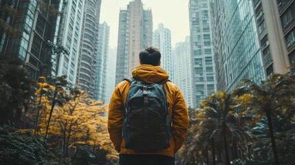 Fototapeta premium Young asian male exploring urban cityscape with backpack amidst tall buildings and autumn foliage