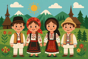 Vector illustration of Romanian children in traditional folk costumes, standing in a scenic mountain village with wooden churches, flowers, and forest &ndash; colorful flat cartoon celebrating cultural