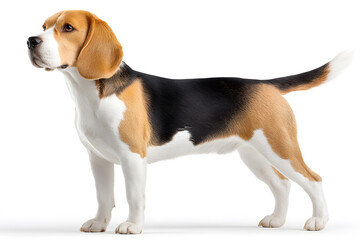 A beagle displays an alert posture in a well-lit studio, emphasizing its distinctive coat colors and strong build