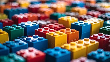 Colorful Plastic Building Blocks Close Up Shot Many Toy Bricks for Children's Play