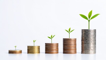 Financial Growth Concept Increasing Coin Stack with Sprouting Plant