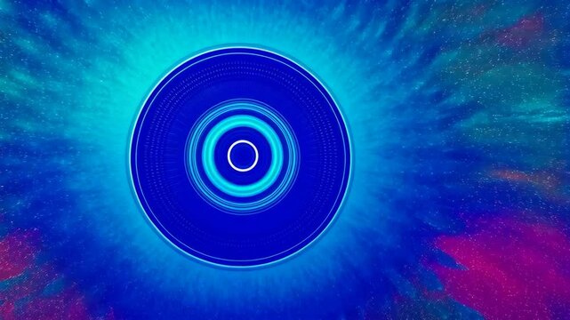 Abstract blue concentric circles emitting radiant energy with space cloud nebulas swirling around, hypnotic motion graphics background