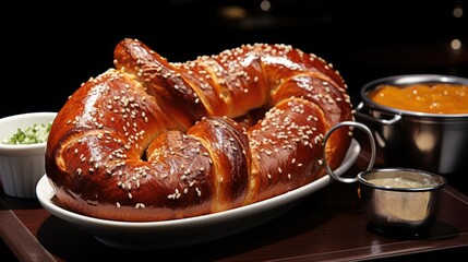 Fototapeta premium Giant pretzel with dipping sauces on a plate.
