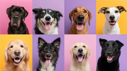 Fototapeta premium Happy dogs posing for a colorful portrait in a studio setting with vibrant backgrounds during a photoshoot