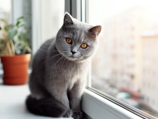 Gray cat with bright orange eyes sits by a window, looking curiously outside. A potted plant is visible beside the cat. The blurred urban scenery creates a soft background