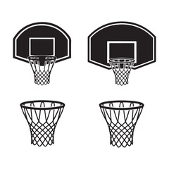 Hand-drawn black icons of basketball hoops in different angles and styles, perfect for sports illustrations and basketball-themed designs.