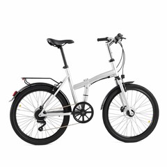 A silver folding bicycle with black tires and a black seat. It has a rear rack and mudguards