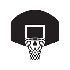 Black icon of a basketball hoop with a backboard, perfect for sports illustrations and basketball-themed designs.