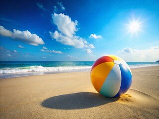 Colorful Beach Ball on Sandy Beach with Copy Space - Summer Fun