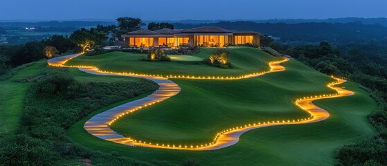 Estate with glowing lights along a winding pathway on green hills, evening ambiance