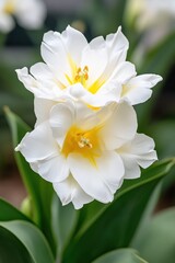 Fototapeta premium A delicate white tulip flower with yellow accents blooms among lush green leaves in a garden setting.