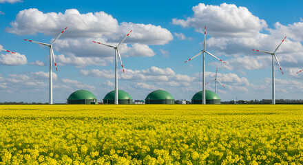 Vibrant Yellow Rapeseed Field with Wind Turbines and Biogas Plants Under Cloudy Blue Sky in Countryside Environment