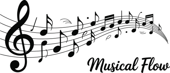 A musical staff with a treble clef and various notes flowing across a white background design element