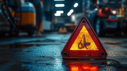 Wet floor warning sign illuminated in dimly lit industrial setting