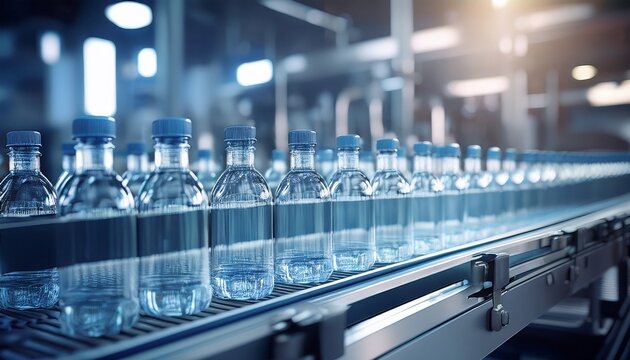  Nahaufnahme von transparenten PET-Flaschen auf einem F&ouml;rderband in der Abf&uuml;llanlage