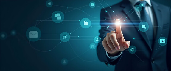 Businessman Touching Virtual Screen: Highlighting Modern Innovation and Digital Transformation in Business - Stock Photo Concept with Copy Space on the Left