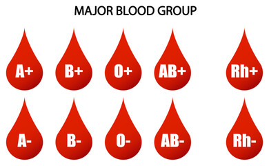 Major Blood Group System red blood drop with different blood types A B O AB Rh positive and negative. Medical vector isolated illustration.