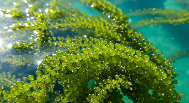 Abundant Green Sea Grapes Underwater with Clear Water Sunlight and Macro Details of Vibrant Marine Plant Life in a Natural Environment