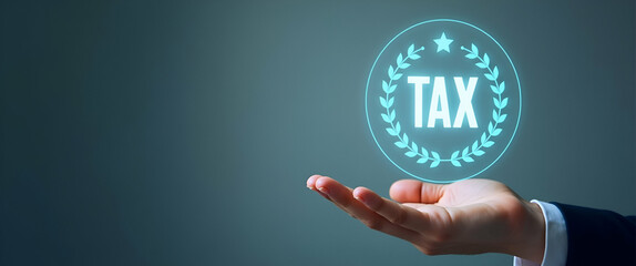Hand presenting holographic investment tax benefits symbol against minimalist backdrop, showcasing tax advantages in empty space for financial growth and investment strategies.