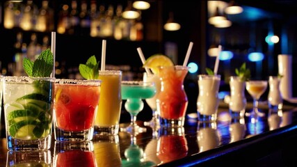 A variety of colorful cocktails arranged on the counter of a cozy night bar. The drinks are beautifully presented in elegant glassware, illuminated by soft, warm lighting.