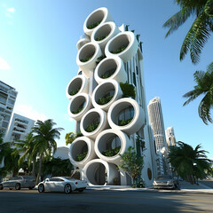 Futuristic white apartment building with circular units in a city street; urban architectural design; possible use for architecture magazines