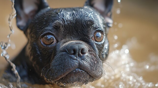 Wet french bulldog enjoys a refreshing bath in muddy water