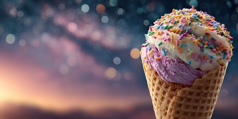 Colorful ice cream cone topped with sprinkles against a starry twilight sky