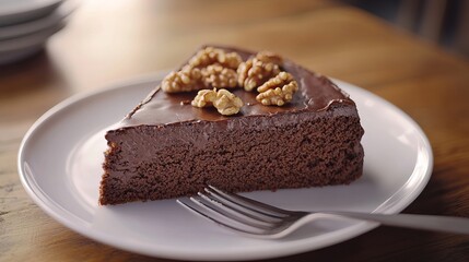 Delicious Chocolate Cake Slice with Walnuts Rich Brown Dessert Sweet Treat Gourmet Food Photography Background Image Professional 