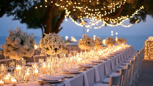 Round table flowers set for a wedding reception, featuring white is centerpiece, elegant tableware, and soft lighting, creating a atmosphere luxurious