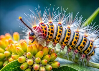 Naklejka premium Close-Up of Tussock Moth Caterpillar on Milkweed Plant, Macro Insect Photography
