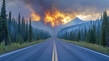 A serene road stretches through a dense forest of tall pine trees under a clear sky.