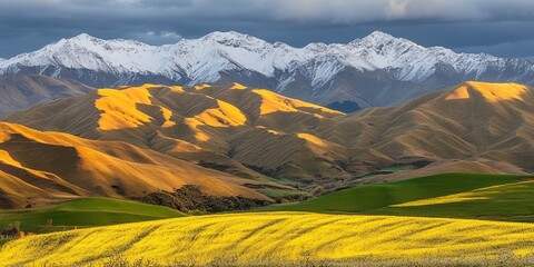 Majestic snow capped mountains overlook golden hills and vibrant yellow fields at sunset