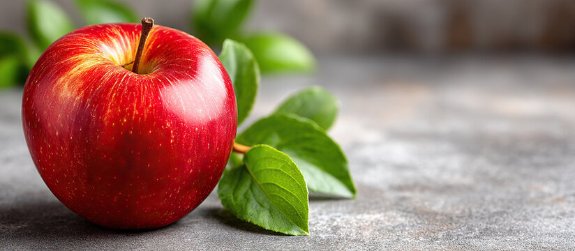 Red apple with green leaves on gray surface showing real food for low carb meal prep that is fresh and healthy