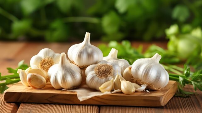 Fresh garlic bulbs on a wooden board.