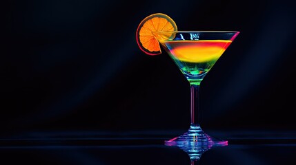 A dark, elegant martini glass filled with a rich, dark beverage, highlighted by a twist of orange peel perched on the rim.