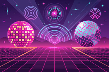 Create a vibrant 80s disco vector background featuring a large, bold mirror ball reflecting dazzling light.  Include stylistic elements typical of the era.