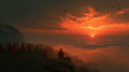 Fototapeta premium A large group of monks and devotees meditating together on a hill during sunrise to celebrate Vesak, surrounded by mist, nature, and birds. Peaceful and harmonious