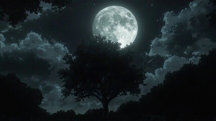 A large, bright full moon dominates the sky against a backdrop of dark, swirling clouds.