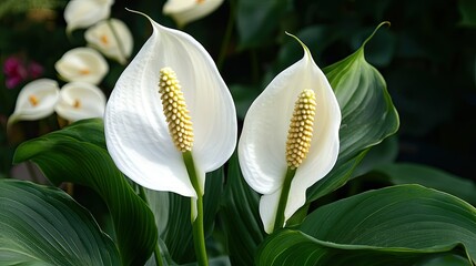 A cluster of white, bell-shaped flowers blooms atop a tall green stalk, surrounded by long, narrow sword-like leaves.