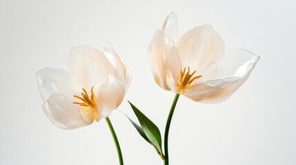 Fototapeta premium 3D colorful two spring flowers on white background. Wild flowers, spring grass seamless pattern 3d realistic. Minimal scene for model products, stage showcase, promotion display.