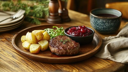 A beautifully plated dish featuring a large, juicy pork chop topped with a glossy berry sauce and fresh cranberries.