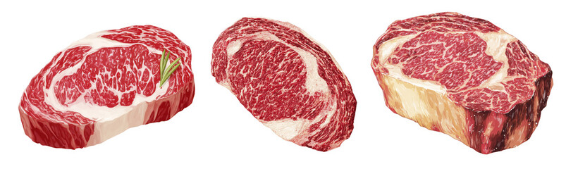 Obraz premium Assortment of Raw Marbled Beef Steaks on Transparent Background Ideal for Culinary and Butchery Illustrations